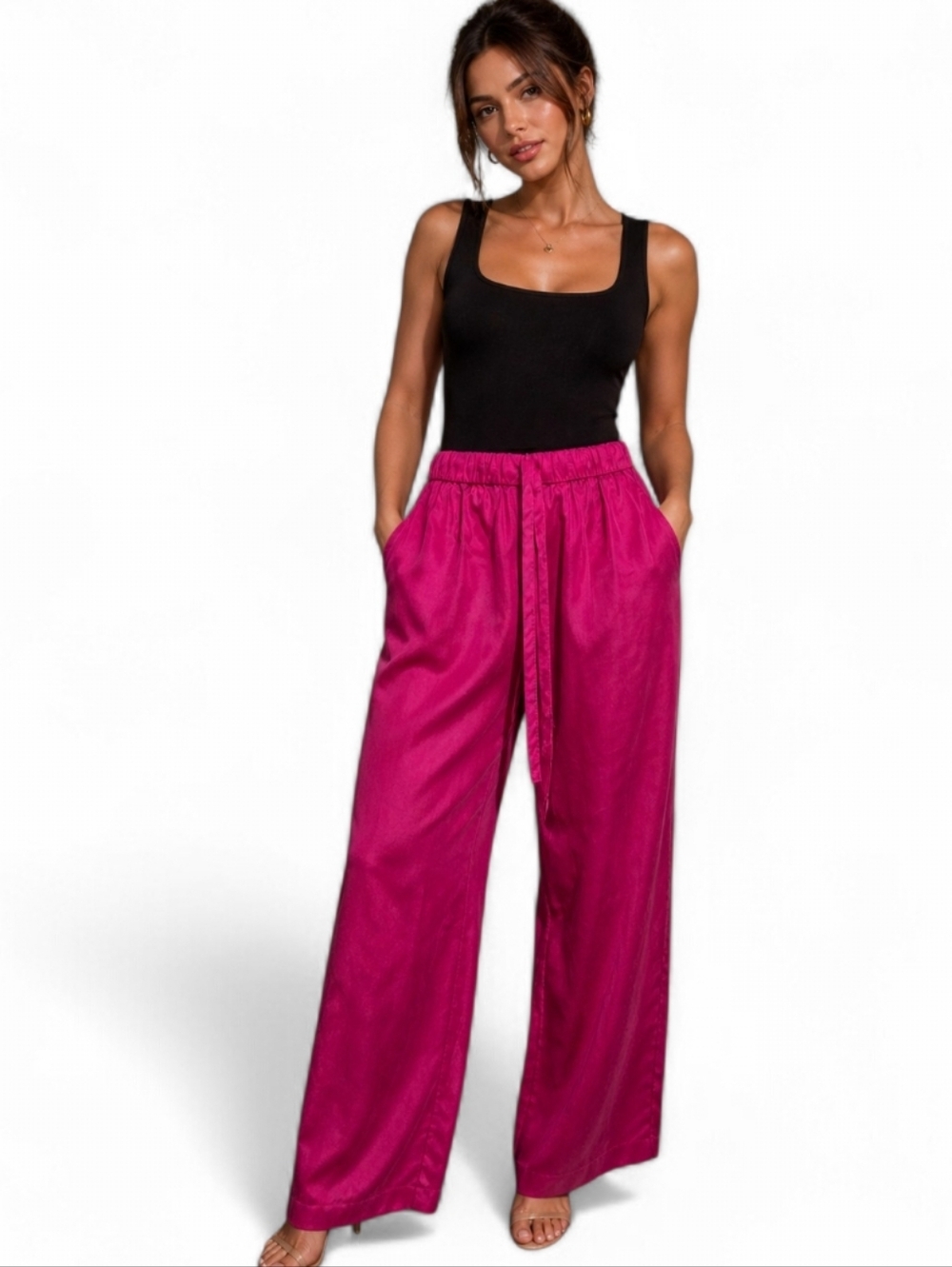 Wide Leg Pull-On Pants in Bright Magenta